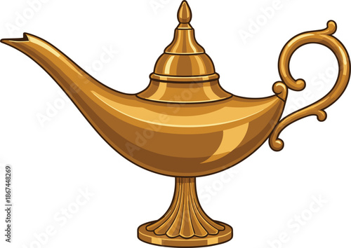 Vector illustration of an ornate golden magic oil lamp with a curved handle for fantasy and mystical storytelling.