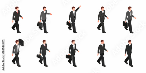 Isometric businessmen walking in different poses with briefcases illustrated vector style