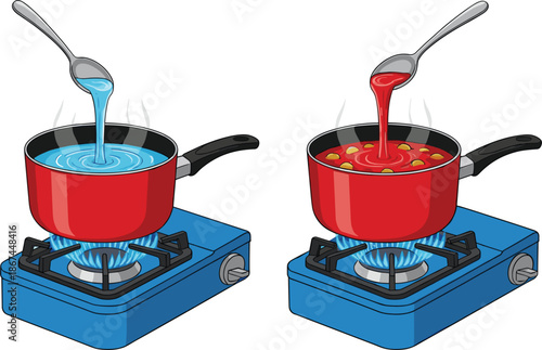 Vector illustration of red pots cooking on blue portable gas stoves with boiling water and tomato soup