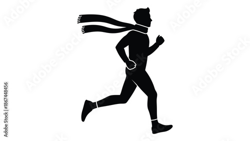 Silhouette of a running man wearing a scarf in motion