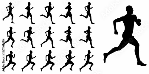 Silhouettes of runners in various poses displaying the stages of a running cycle