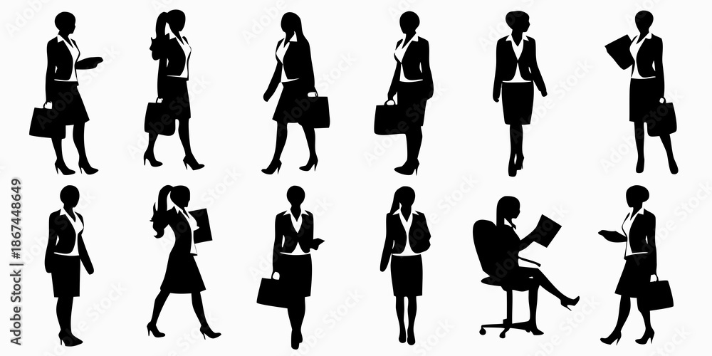 Fototapeta premium Silhouettes of professional women in various poses and business attire