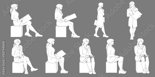 Line art illustration of women in various seated and standing poses