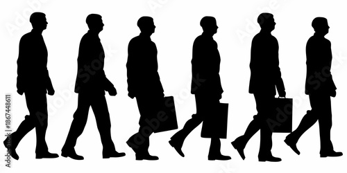 Silhouettes of businessmen walking in a row conveying movement and professionalism