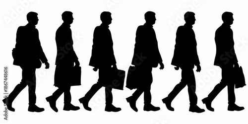 Silhouettes of businessmen walking in a line carrying briefcases