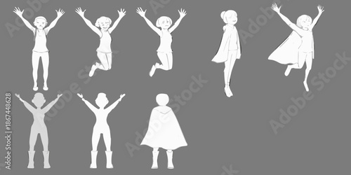 Silhouettes of joyful figures jumping and celebrating with arms raised high