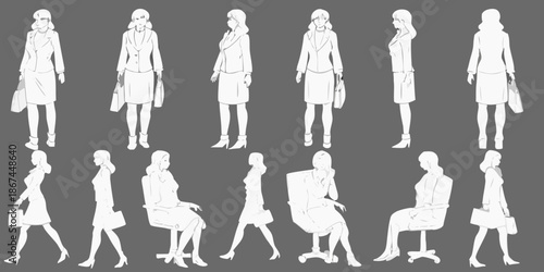 Fashion illustration a series of women in coats and dresses shown in various poses