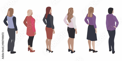 Diverse group of women standing in a row viewed from the back