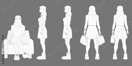 Line art illustrations of four women in different poses and outfits