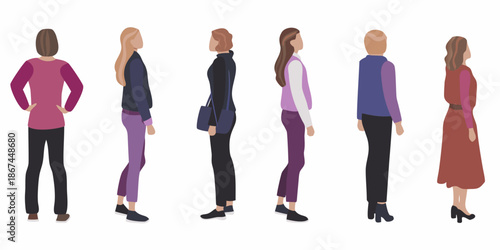 A row of diverse women standing in profile showcasing different outfits