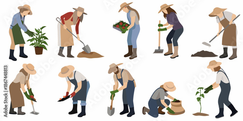 Diverse group of people gardening and tending to plants outdoors