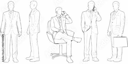 Line art illustration of men in suits some with phones and accessories