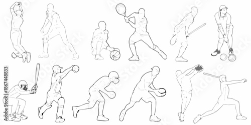 Cricket players in various poses a sequence of sketched batting and fielding actions