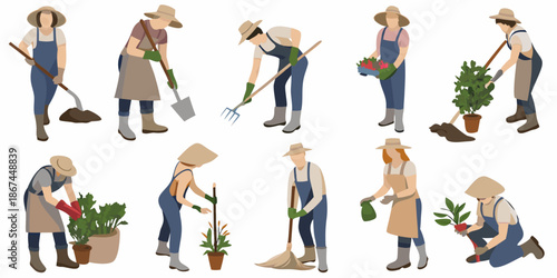 Group of gardeners working in a garden tending to plants and soil