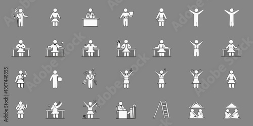 A collection of simple white stick figure icons depicting various human activities