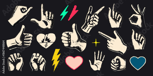 A collection of hand gestures symbols and hearts in a vintage style