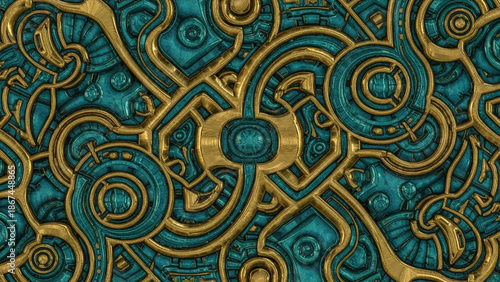 Intricate teal and gold abstract design with swirling patterns
