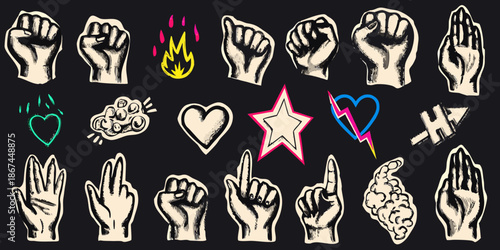 Diverse hand gestures and symbolic illustrations on a dark background