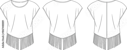 Women's Crew Neck Cap Sleeve Top Technical Flat Sketch with Pointed Hem and Long Fringe Detail Fashion Vector Illustration Drawing (21 words)