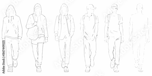 Fashion sketches of diverse individuals in casual streetwear outfits line art