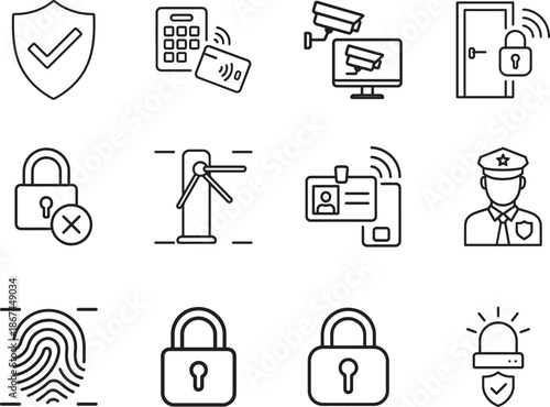   Security and access control icons line set with CCTV, lock, key, alarm, fingerprint, and ID.