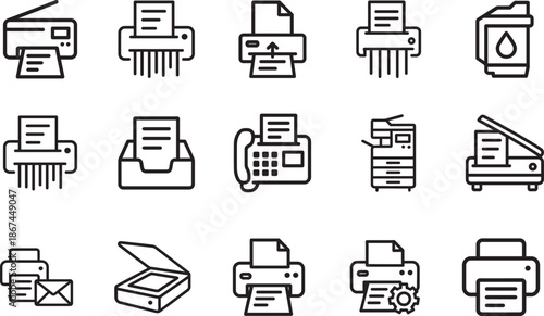   Printer, scanner, and office tools icon outline set for web, mobile, and UI design projects.