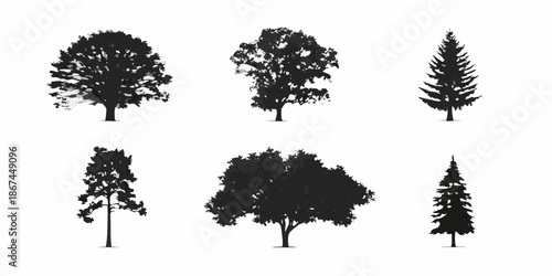 Silhouette collection of various tree types against a plain white background