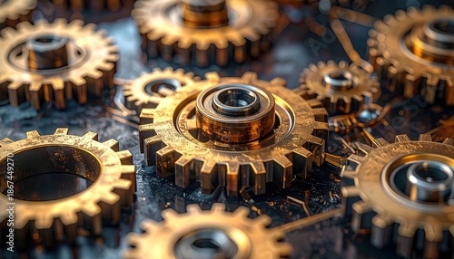 Close-up of metallic gears interlocking, golden, on a dark textured surface, industrial concept