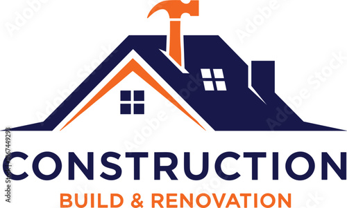 Vector logo design for construction build and renovation services featuring a house roof silhouette and a hammer tool.