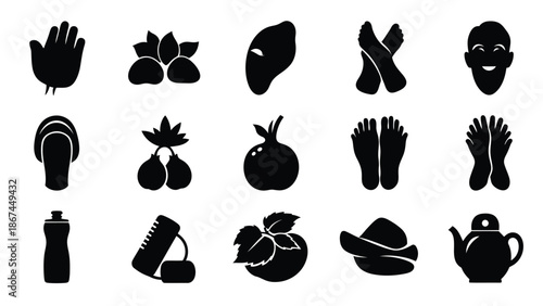 Collection of black silhouette icons featuring various everyday objects and symbols including food footwear and body parts on a white background
