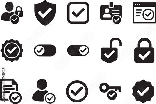   Approval and permission UI icon set with check, deny, lock, user, and workflow for web and app.  