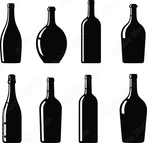 Vector silhouette collection of various wine champagne and liquor bottles for bar menu and beverage industry graphic design