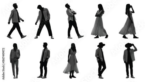 Collection of diverse people silhouettes in various poses and outfits on white background for design and illustration with human and graphic