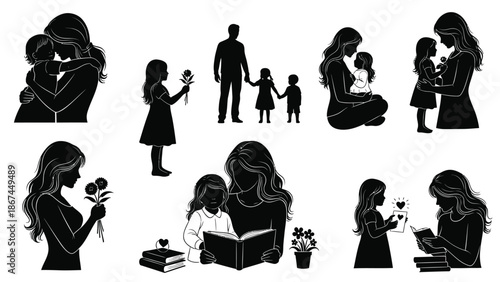 Black silhouette illustrations of mothers and children in various tender moments with flowers and books on white background with family and love