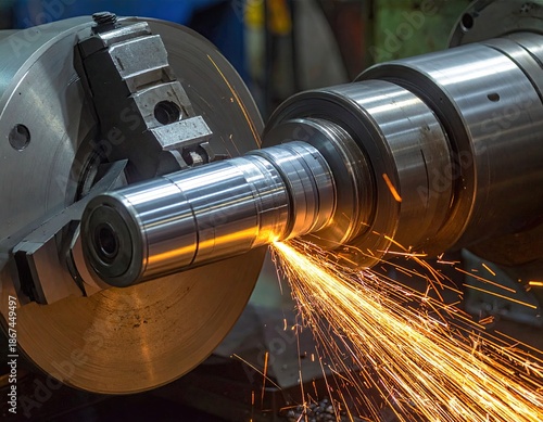 Close-up of a machine grinding metal rod, with sparks flying during the manufacturing process (1)