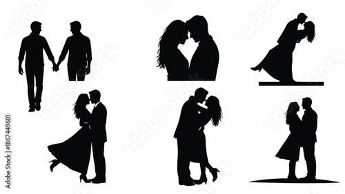 Collection of romantic couple silhouettes in various loving poses and interactions on white background for graphic design with love and illustration