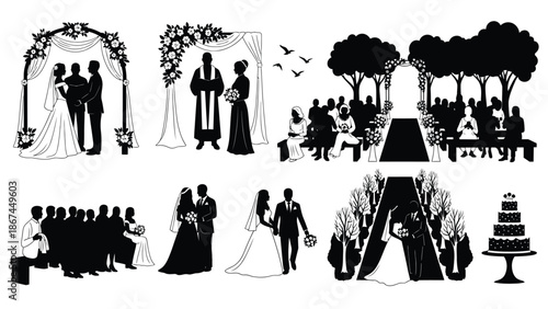 Collection of wedding silhouettes with couples ceremony scenes and decorative elements in black on white background for design and decoration