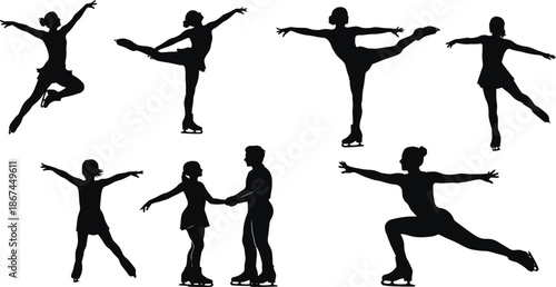 Collection of Figure Skating Silhouettes Featuring Professional Ice Skaters Performing Jumps Spirals Spins and Pairs Routine Isolated on Solid White Background