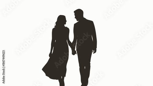 Silhouette of a romantic couple holding hands walking together in love and relationship with romance and graphic and illustration and woman