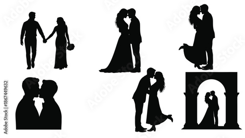 Black silhouettes of romantic couples in various poses and settings for wedding and love concepts with intimate and illustration and romance