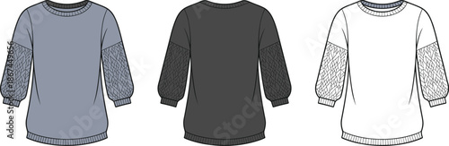 Women's Crew Neck Sweater Technical Flat Sketch Template Featuring Long Puffed Textured Sleeves, Ribbed Cuffs, Hem Detail, and Apparel Design Mockup.