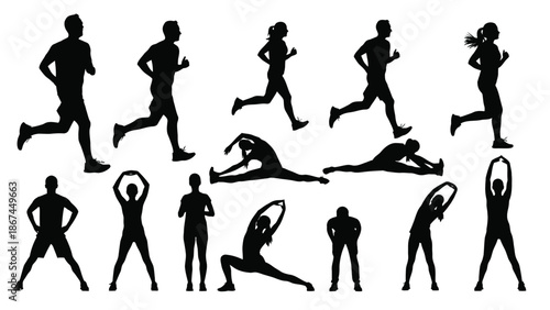 Black silhouettes of people running stretching and exercising on white background for fitness and sports concepts with exercise and health