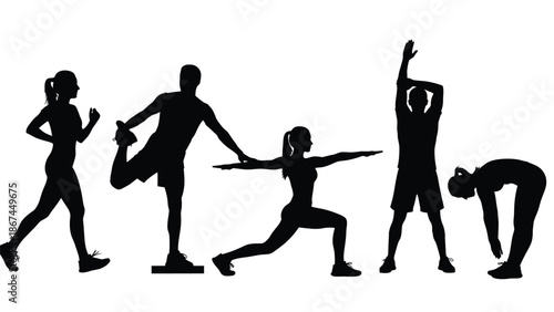 Silhouette of diverse group of people engaging in various stretching exercises and running for fitness and wellness on white background with sports