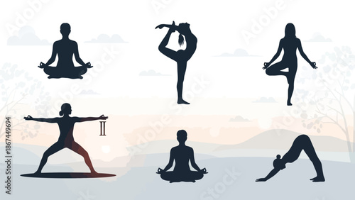 Silhouette of people practicing various yoga poses at sunrise or sunset on a serene landscape background with clouds with fitness and wellness
