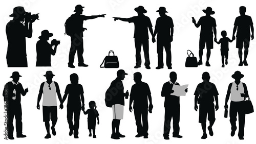 Collection of black silhouetted people walking holding hands pointing and taking pictures on white background with tourists and travel and family