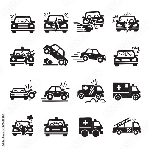 Collection of car accident and emergency vehicle icons isolated on transparent background