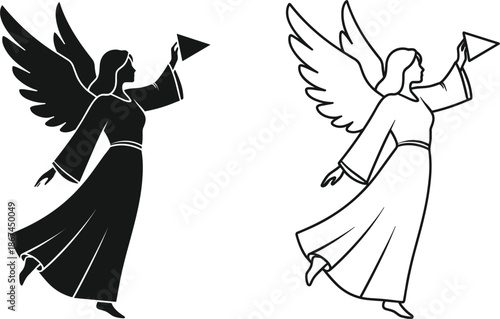 Angel silhouette and outline with wings holding a triangle on white background drawing illustration