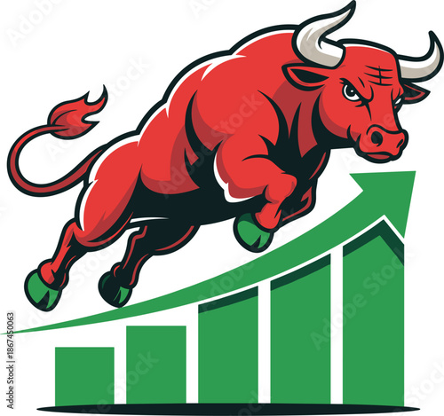 Aggressive Red Bull Leaping Over Upward Trend Bar Chart Keywords: bull, red bull, stock market, finance, trading, investment