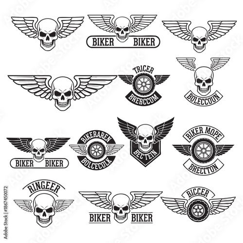 Collection of biker club logos with skulls and wings isolated