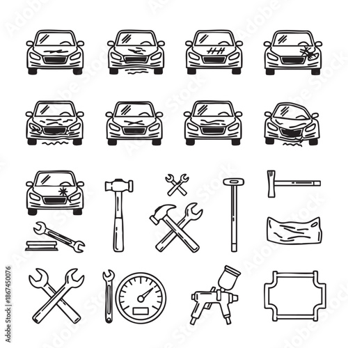 Collection of damaged cars and auto repair tools illustration set